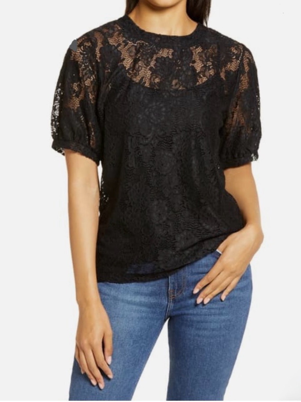 Halogen Black Lace Blouse Size 1X 14/16 Bow Back Sheer Floral Lace Top